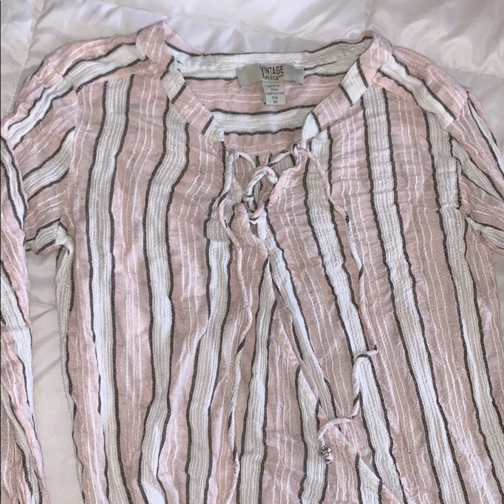 Pink, white and gray striped long sleeve shirt